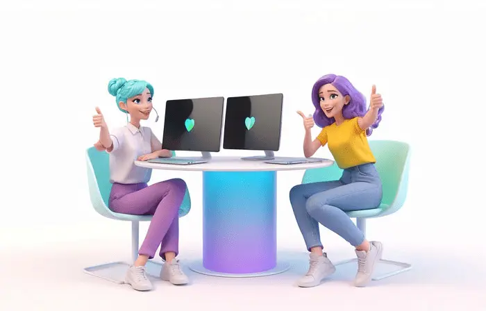 Women at Desk and Computer 3D Cartoon Character Illustration